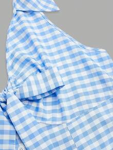 Sweetra Đầm dự tiệc/hẹn hò thời trang cỡ lớn dành cho nữ, họa tiết kẻ caro, cổ yếm, xoắn nhún. - Xanh và trắng - Xem 7