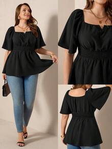 SHEIN LUNE Off-Shoulder Square Neck Flowy Hem Plus Size Blouse - Black - View 1