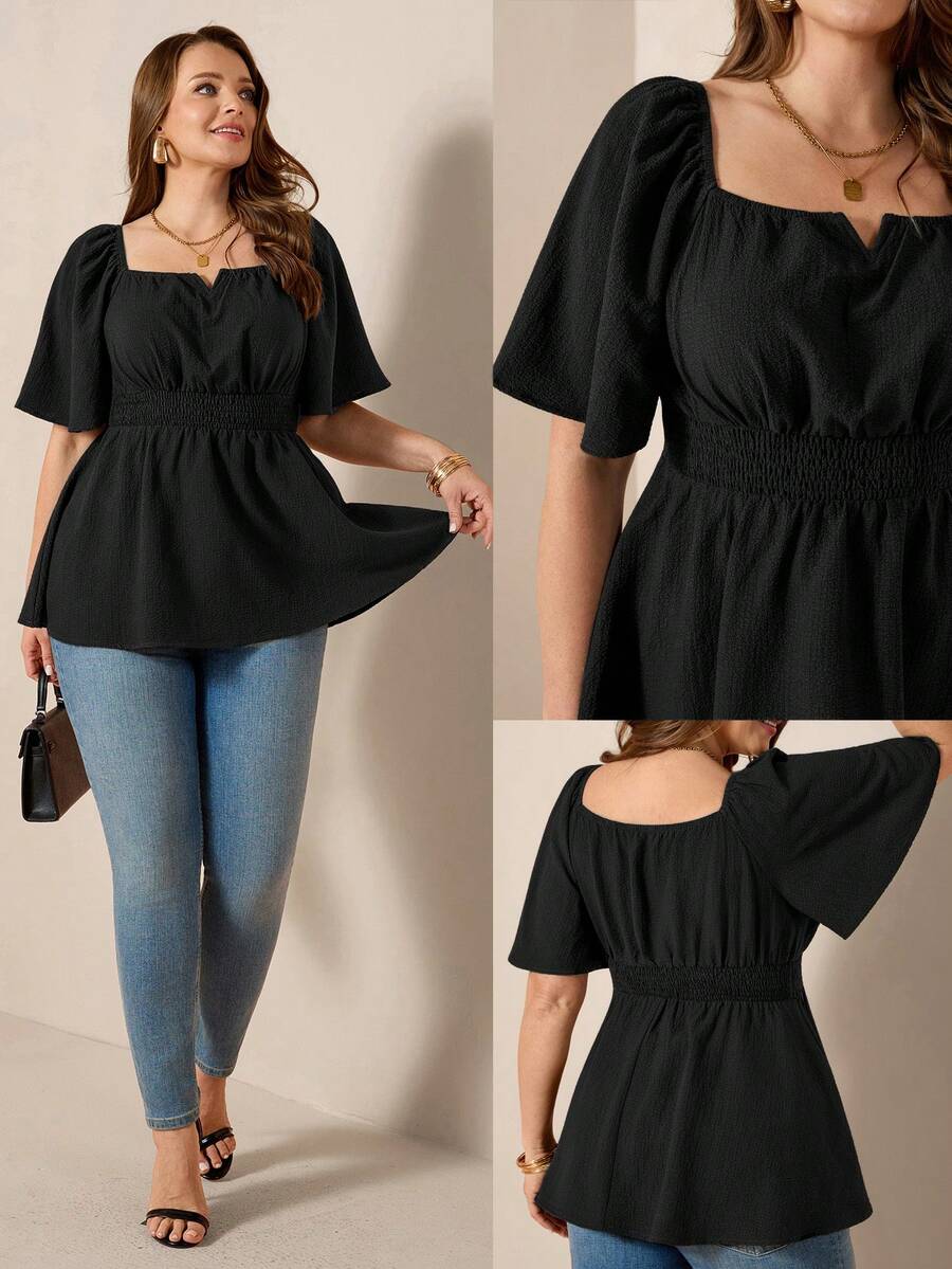 SHEIN LUNE Off-Shoulder Square Neck Flowy Hem Plus Size Blouse - Black - View 1