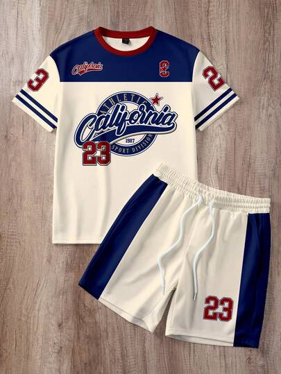 Manfinity Joysei Men's Letter Print Short Sleeve T-Shirt And Shorts Casual Suit