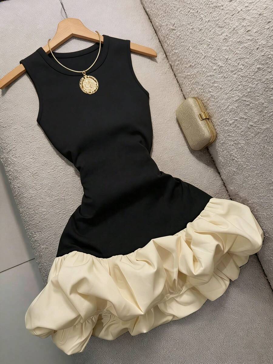 GlowEve Women's Color Block Round Neck Ruched Fashion Party Cocktail Dress - Apricot - View 1
