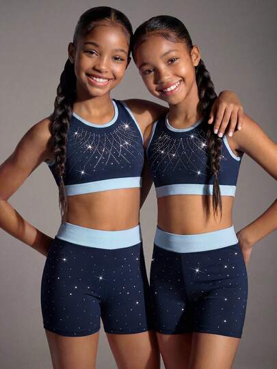 Tween Girls Active Top & Shorts Set, Black Sports Bra Tank Top + Shorts, High Stretch Fabric With Shiny Crystals, Suitable For Gymnastics, Dance Training Workout Outfit