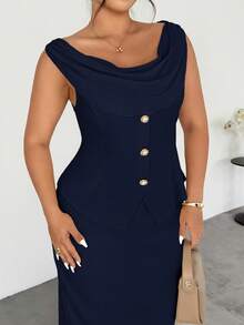 Firerie Conjunto de 2 piezas elegante con top de escote pronunciado y diseño de botones y falda midi para mujer de talla grande - Azul Marino - Ver 6