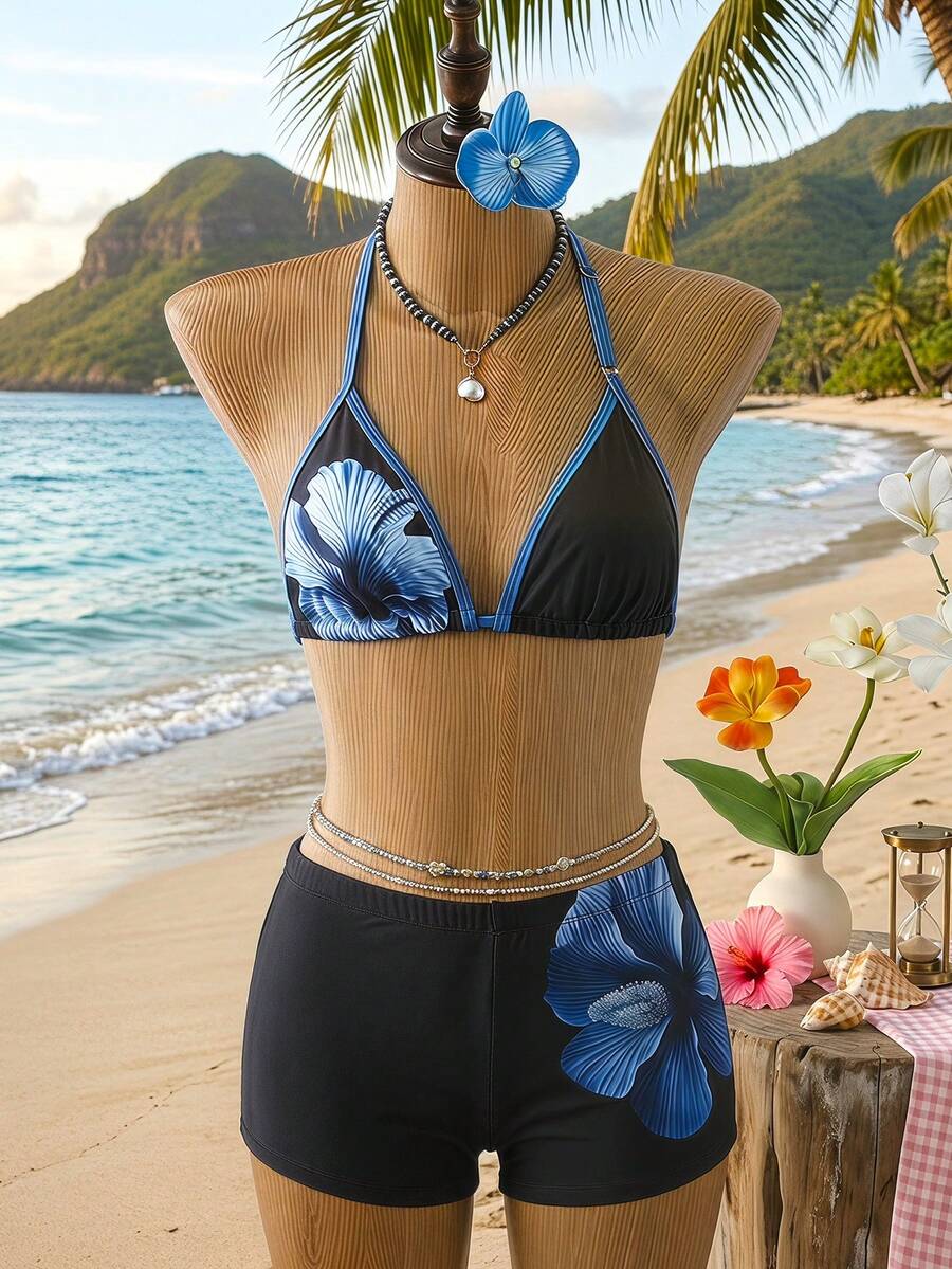 SHEIN Bộ bikini hai mảnh màu đen dệt kim phối viền tương phản dành cho thiếu nữ, gồm áo và quần short, thích hợp cho kỳ nghỉ biển. - Nhiều màu - Xem 1