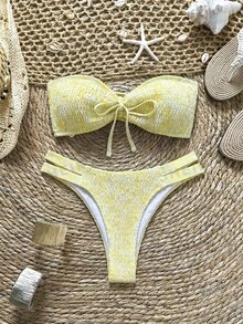 Swim Mod 花卉叶子印花绿色钩针编织可爱优雅复古休闲沙滩度假女士泳装套装 - 黃色 - 查看 3