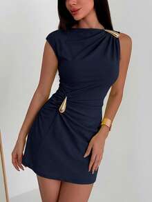 Aloruh Women's Solid Color Metal Decor Ruched Elegant Waist Mini Dress, Suitable For Dates Party Night And Parties Navy Blue And Gold Summer,Graduation Dress - Navy Blue - View 6