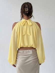 Aloruh Top corto de hombros descubiertos de unicolor elegante - Amarillo - Ver 2
