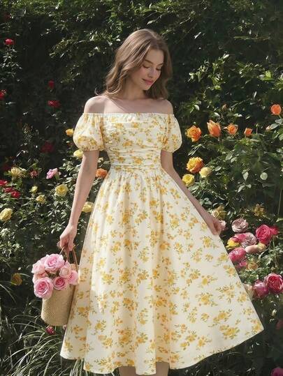 SHEIN MOD Vestido de mujer de media longitud con hombros descubiertos, mangas abultadas y estampado floral vintage, color amarillo flor, para primavera, Día de San Valentín, boda, Pascua