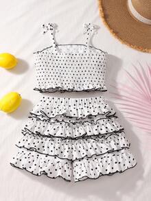 SHEIN Genkimix Kids 女童波点印花荷叶边吊带背心和蛋糕裙套装 - 白色 - 查看 2