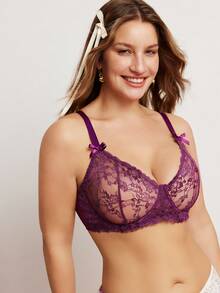 Elorette Plus Size Women Lace Bow Decor Wireless Bra - Purple - View 4