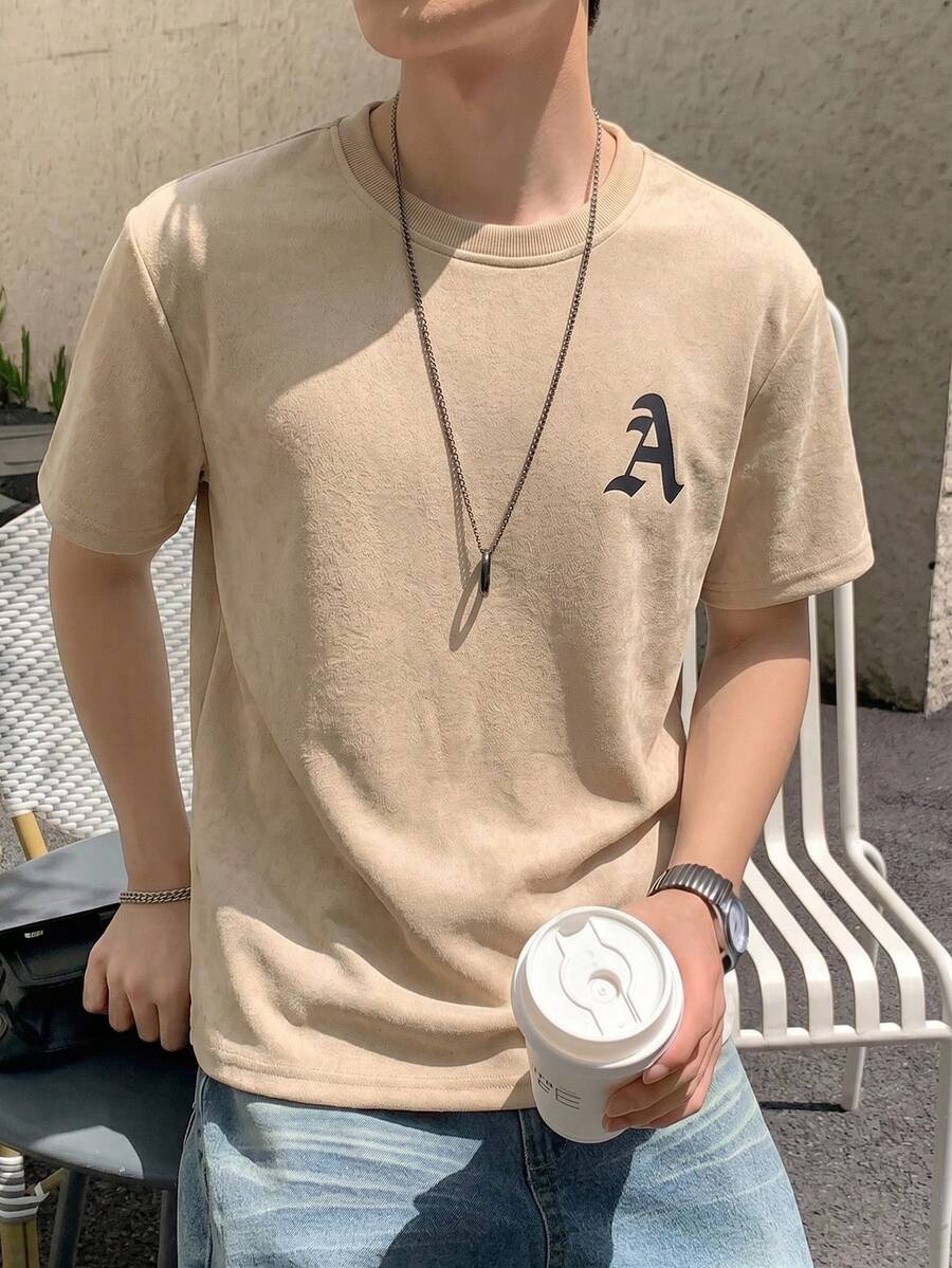 1件青少年男童夏季新款休闲短袖麂皮T恤,美式街头风,白色轻薄款,可个性化字母印花,日常穿着,嘻哈时尚,舒适透气 - 卡其色 - 查看 1