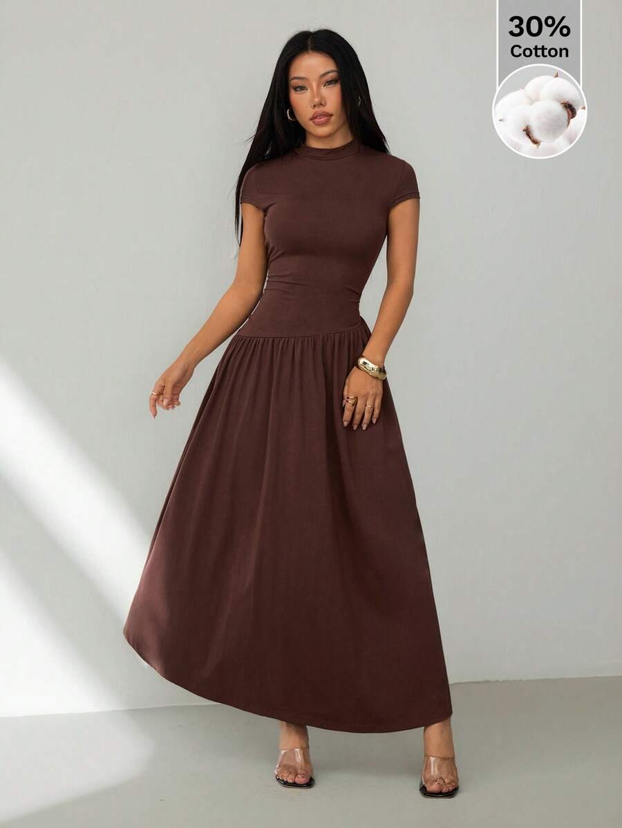 SHEIN PETITE Đầm dài xếp ly cổ đứng tay phồng màu trơn cho nữ, kiểu dáng thường ngày, màu nâu mùa hè, chất liệu cotton pha, thoải mái. - màu nâu - Xem 1
