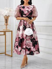 SHEIN Lady 女士印花圆领短袖优雅中长连衣裙 - 粉色 - 查看 1