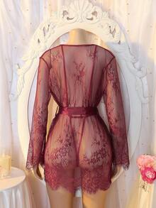 DelicateAllure Bộ đồ lót gợi cảm 2 món màu đỏ tía phối ren, vải voan mỏng in hoa, váy và áo choàng quyến rũ dành cho nữ. - Màu Đỏ Sâu - Xem 5