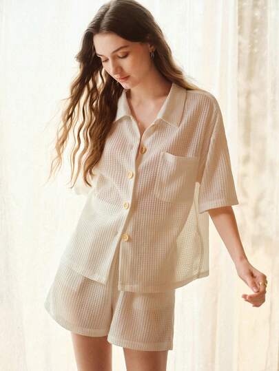 MOTF PREMIUM WOMEN'S SUMMER SOLID COLOR WAFFLE FABRIC LOOSE FIT SHIRT AND SHORTS LOUNGE SET