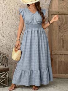 SHEIN LUNE 大码女式纹理面料飘逸长裙优雅夏季毕业礼服7月4日毕业典礼魅力白色端庄礼服 - 淺藍色 - 查看 1