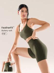 GLOWMODE 6" FeatherFit™ Flex Biker Shorts With Side Pockets Low Impact Yoga Pilates Daily - Army Green - View 1