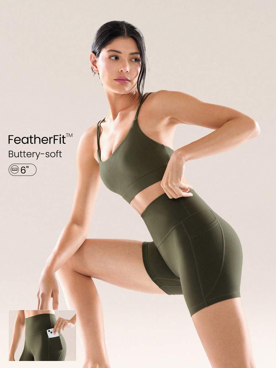 GLOWMODE 6" FeatherFit™ Flex Biker Shorts With Side Pockets Low Impact Yoga Pilates Daily - Army Green - View 1