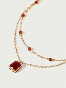 Glisma 1pc Vintage Square Brown Cubic Zirconia Pendant With Double Layer Crystal Beads Necklace, Women's Daily, Holiday, Party Accessory - Yellow Gold - View 3