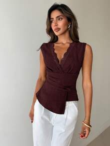 Aloruh New Minimalist Fashion Commuter Lace Patchwork Waist Ruched Asymmetric V-Neck Pullover Blouse - Burgundy - View 3