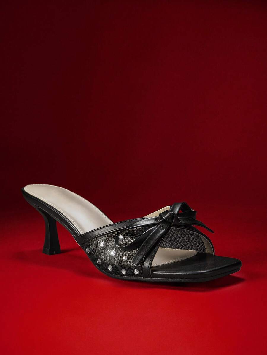 SHUZIA Women's Fashion Comfortable Bow Tie Mesh Kitten Heel Sandals - Black - View 1