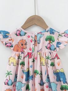 Elladie kids 小女孩卡通恐龙印花可爱连衣裙 - 粉色 - 查看 3