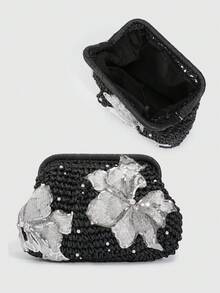 SHECARRY 1個度假風彩色亮片花朵扣餃子包，熱帶海灘手拿包，春夏草編包，時尚鏈條斜背包女款 - 黑色 - 查看 5