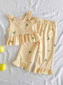 SHEIN Vintaside Kids 女婴春夏休闲乡村度假可爱甜美数码印花无袖吊带背心搭配百搭长裤套装，适合露营度假或日常休闲穿着 - 黃色 - 查看 6