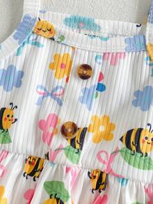 SHEIN Playful Pals 2件套新生女婴蜜蜂花卉蝴蝶结印花无袖吊带背心+松紧腰短裤套装，含发带，清新甜美活力可爱休闲风，适合夏季户外活动、购物、公园、旅行、派对等场合。 - 黃色 - 查看 7