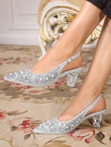 CUCCOO TILAWA Sepatu Hak Tinggi Wanita Modis & Elegan dengan Kristal Asimetris, Berkilau, Rhinestone, Ujung Lancip, Warna Perak, Cocok untuk Jamuan, Pesta, dan Acara Lainnya, Termasuk Hari Valentine. - Perak - View 6