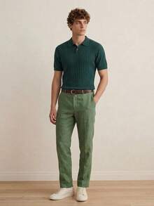 Manfinity CityGents 男士休闲日常及办公通勤纯色短袖针织Polo衫，百搭 - 墨綠色 - 查看 3