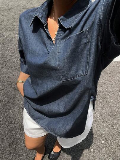 Dazy Plus New Arrival Women Plus Size Loose Casual Raw Denim Short Sleeve Denim Top