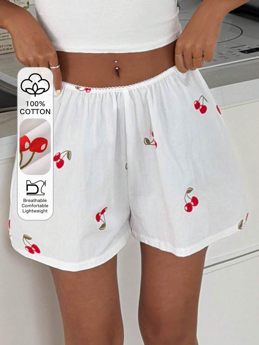 DAZY Quần short ngủ rộng rãi in hình quả anh đào, chất liệu 100% cotton dành cho nữ, thích hợp cho mùa hè. - trắng - Xem 1
