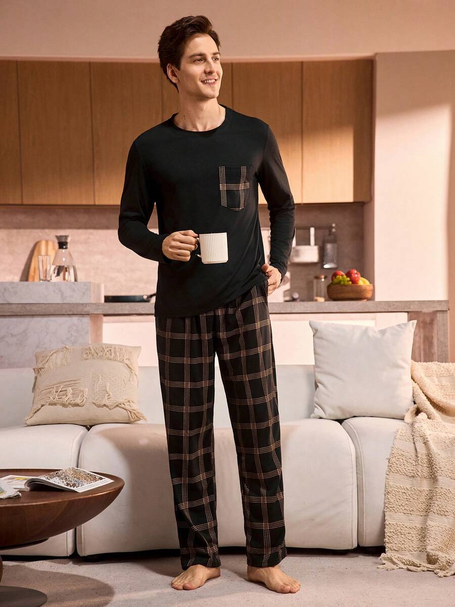 Manfinity Underwear&Sleepwear Basics 男士圆领长袖上衣和格子裤休闲家居服套装 - 黑色 - 查看 1