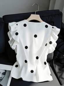 SHEIN PETITE 女款優雅白色黑波點襯衫，夏季V領荷葉邊喇叭袖套頭上衣，辦公通勤寬鬆休閒上衣，短袖，適合嬌小女性 - 黑與白 - 查看 2