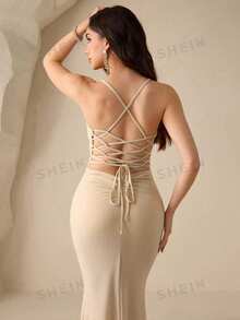 Coutiva Women's Elegant Backless Satin Evening Gown, Spaghetti Strap Pleated Side Slit Formal Party Dress,Luxury Bodycon Wedding Guest Graduation Dress - Light Yellow - View 8