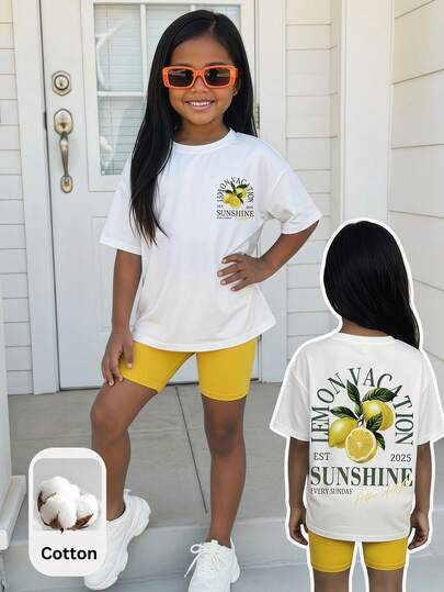 Tween Girls Casual Vacation Fashion Lemon Flower Pattern Loose T-Shirt And Skinny Bike Shorts 2 Pieces Set