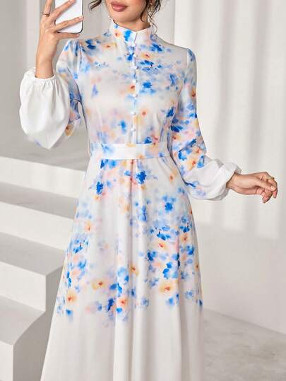 Al Najma Digital Print Waist Flared Long Sleeve Dress For Women