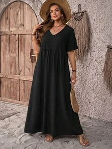 SHEIN CURVE+ Curve Size US22Music Festival, Seaside Vacation, Bohemia Women's Vacation Loose Ditsy Floral V-Neck Short Sleeve BabydollTeacher Dress - Black - View 7