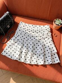 SHEIN Chân váy xếp ly họa tiết chấm bi thanh lịch, kiểu dáng thường ngày cho bé gái (có quần short bên trong), màu trắng, dáng chữ A. - trắng - Xem 4