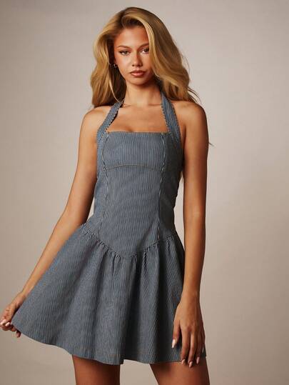 MISSGUIDED Striped Halter Neck Mini Dress Denim Fabric Fit And Flare Summer Casual Day Party Vintage Wash Sleeveless A-Line Skater Style