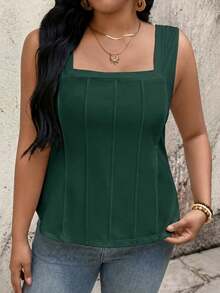 EMERY ROSE Plus Size Square Neck Tank Top, Vertical Pleats Design Flatters Figure, Loose Comfortable Fit, Friendly Shoulder Straps Dark Green Summer Casual - Dark Green - View 4