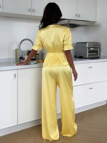 Livesso Women's Comfortable Casual Satin & Lace Patchwork Tie Cuff Blouse And Loose Pants Pajama Set Summer - Yellow - View 2