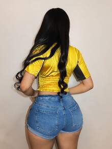 Mistrie Camiseta corta de mujer con estampado gráfico de bloques de color a rayas, estilo retro de jersey deportivo de verano - Amarillo - Ver 2