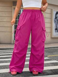 SHEIN EZwear 大码女式弹力腰带口袋休闲日常裤 - 玫紅色 - 查看 4