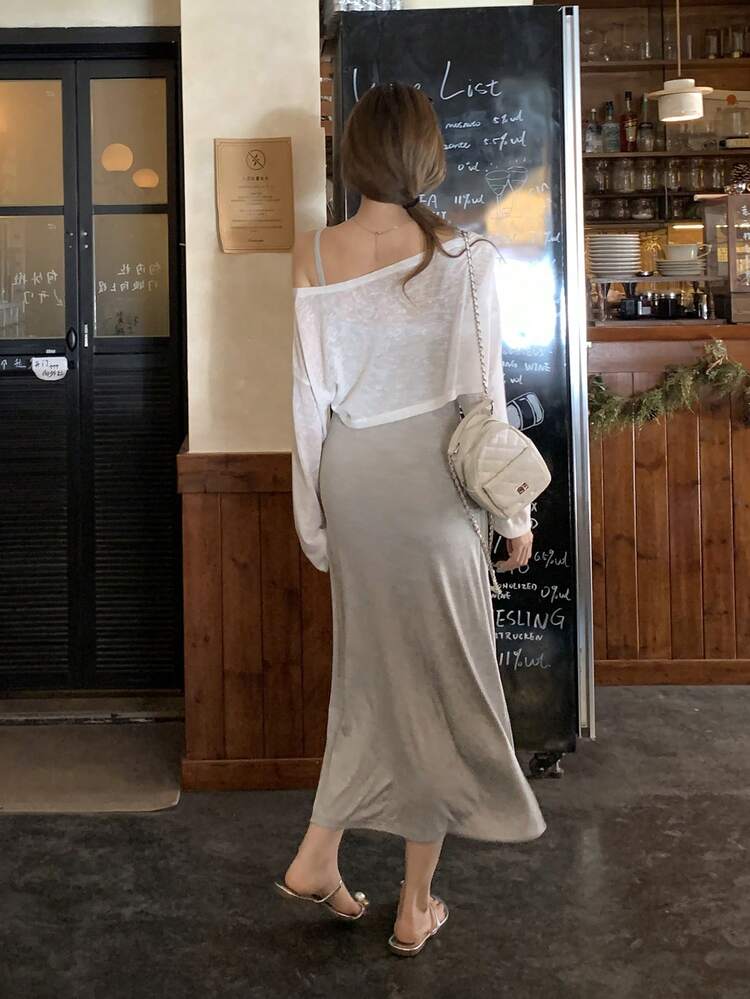 Women's Casual Solid Color Spaghetti Strap Midi Dress With Long Sleeve T-Shirt