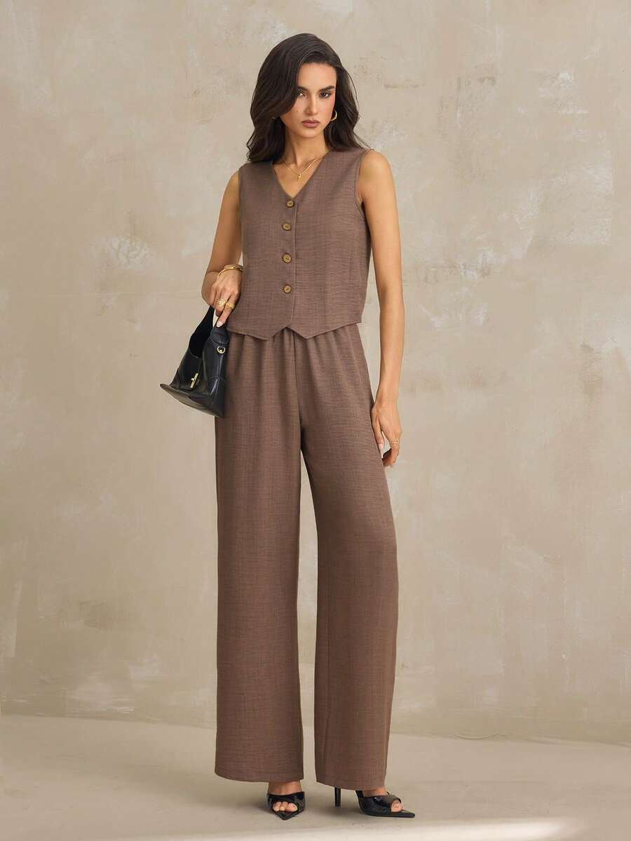 SHEIN Tall Women's Casual V-Neck Sleeveless Vest And Pants 2 Pieces Set, Spring/Summer - Chocolate Brown - View 1