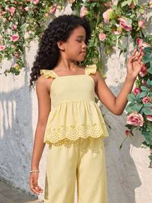 SHEIN Sparklyn Áo tank top hai dây màu vàng ôm sát, kiểu dáng thường ngày cho bé gái, thích hợp mặc đi nghỉ mát, du lịch, đi học và mặc hàng ngày. - Màu vàng - Xem 4