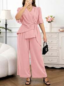 SHEIN Clasi Bộ đồ 2 món dành cho nữ cỡ lớn: Áo sơ mi ngắn tay xếp ly màu trơn và quần ống rộng. - Hồng - Xem 9