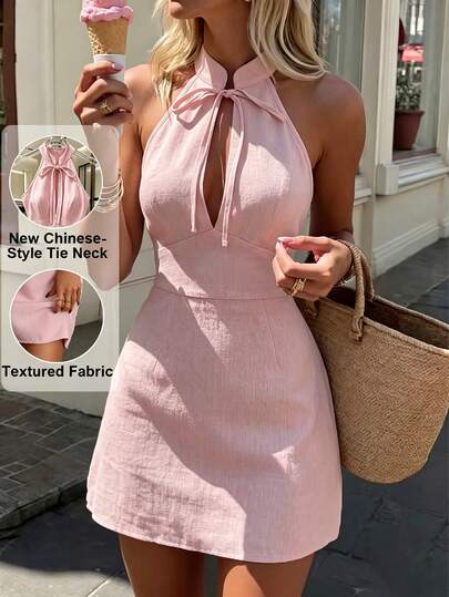 Pariaura Vestido corto de mujer de verano con cuello de halter, cintura con lazo y sin mangas, adecuado para citas, reuniones, fiestas y uso diario elegante, estilizador y elegante